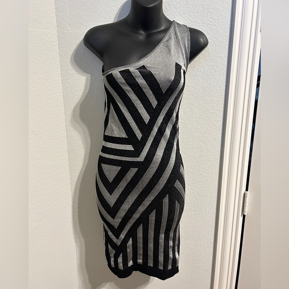 BEBE black & silver one shoulder bodycon dress, Sz Small, metallic party dress - Picture 3 of 5
